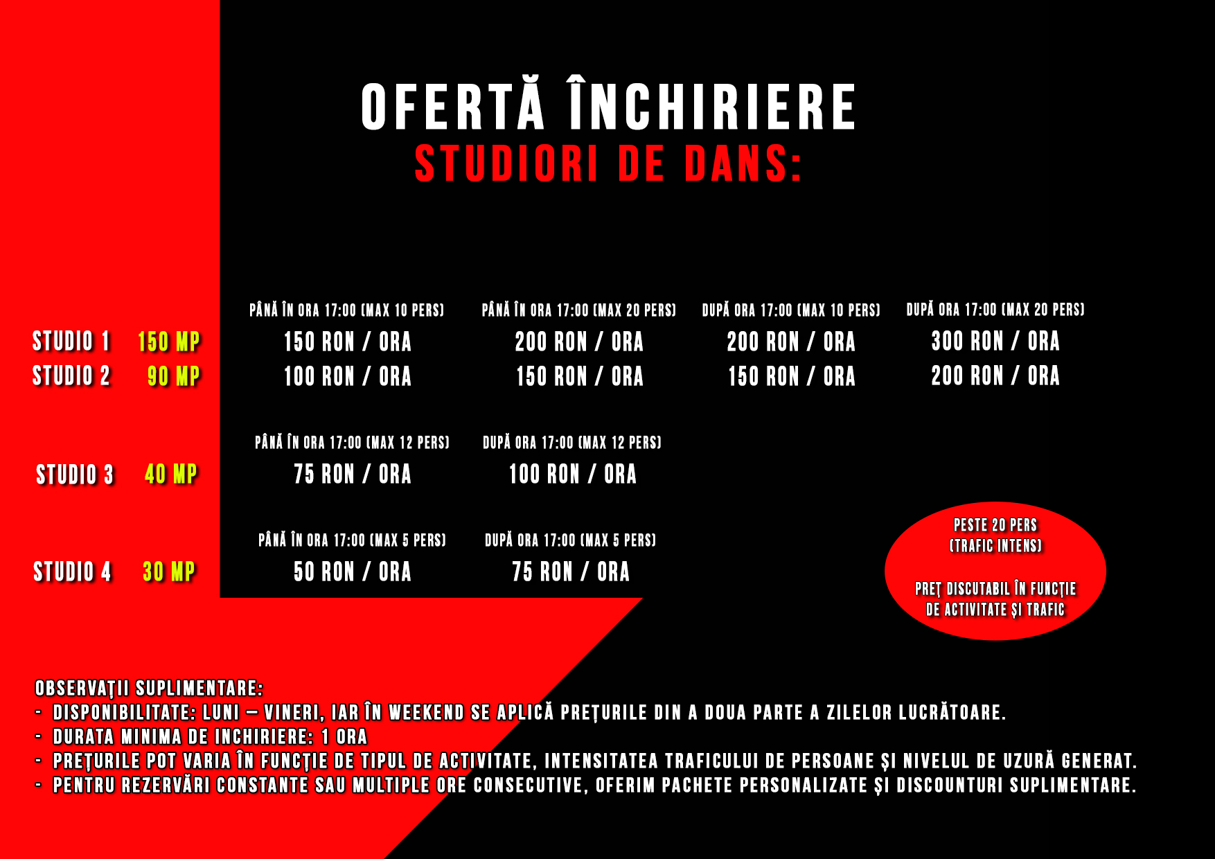 Oferta inchiriere studiouri de dans 2026